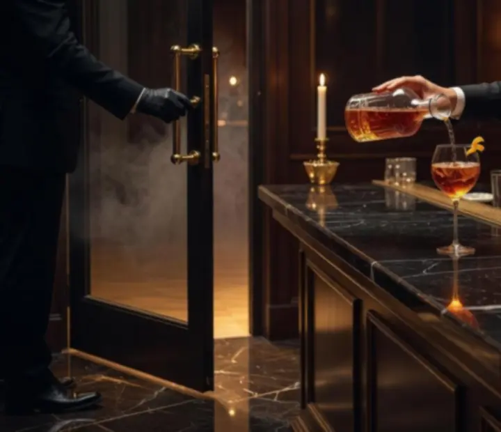 Goście wchodzący do restauracji i aperitif w filmowym świetle