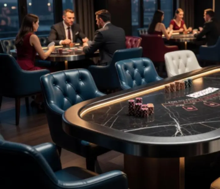 Elegancki lounge blackjacka w Wonderstar s. r. o. z geometrycznym stołem, nastrojowym światłem i wieczorną atmosferą.