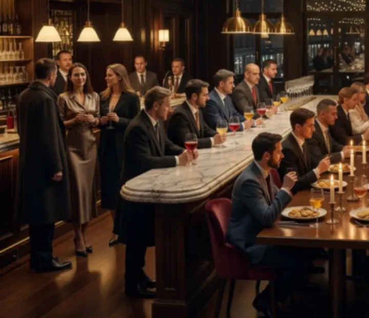 Kinowa sekwencja zdjęć prezentujących kolejne etapy wieczoru w restauracji.