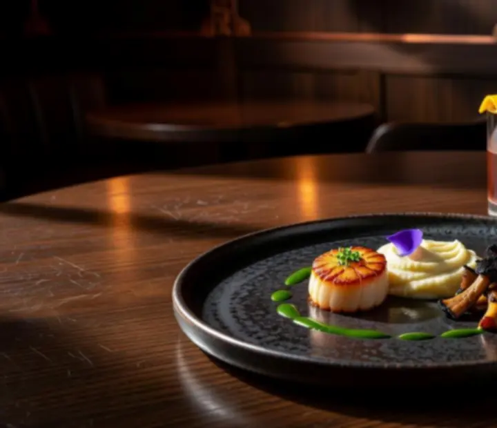 Eleganckie wieczorne menu degustacyjne podane na ciemnym marmurowym blacie