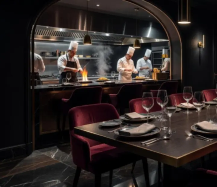 Wieczorna sala restauracyjna Wonderstar s. r. o. z otwartą kuchnią i nakrytym stołem