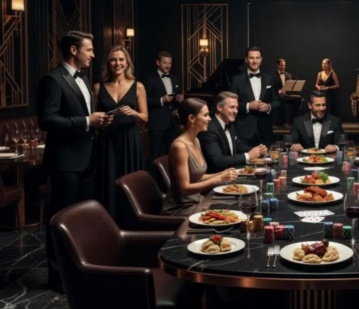 Atmosferyczna scena wieczoru pokerowego w luksusowej restauracji