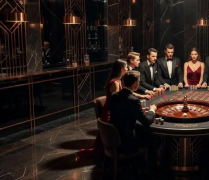 Cinematiczny widok sali restauracyjnej z oświetlonym stołem do ruletki