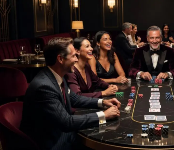 Goście przy stole pokerowym, rozmawiający i śmiejący się podczas wieczoru tematycznego