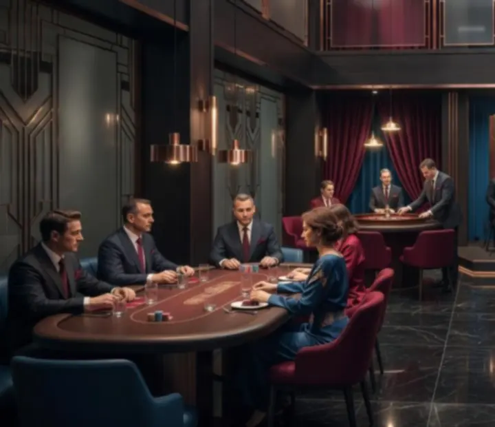 Ciemne, eleganckie wnętrze restauracji z trzema stołami inspirowanymi pokerem, ruletką i blackjackiem.